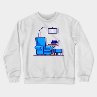 Sofa, Corner Table And Laptop Cartoon Crewneck Sweatshirt